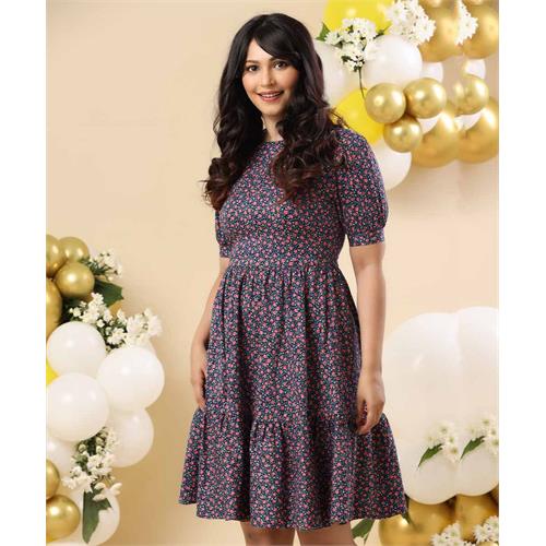 Puffed Sleeve Paneled Printed Dress