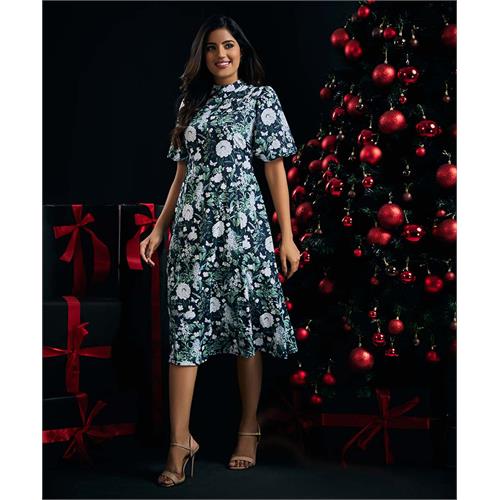 Puffed Sleeve Printed Chiffon Dress