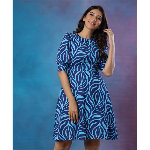 Puffed Sleeve Printed Floral Blue Dress