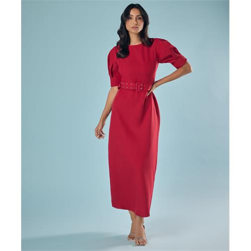 Puffed Sleeve Round Neck Midi Dress
