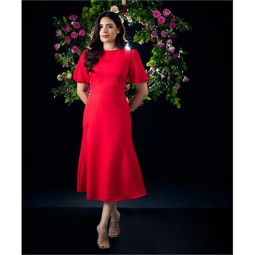 Puffed Sleeves Red Shift Dress