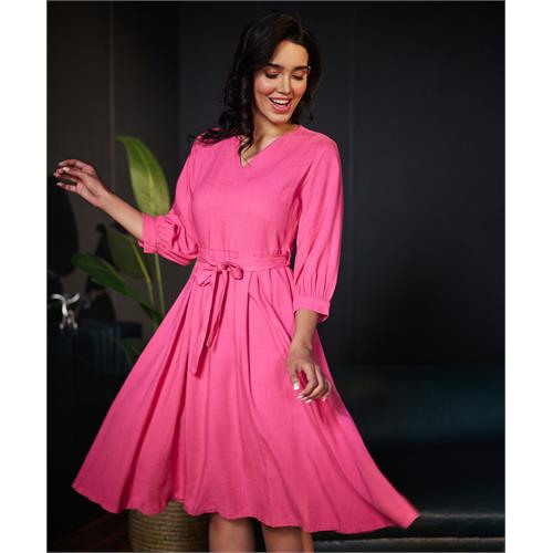 Puffed Sleeve Vneck Pink Linen Dress