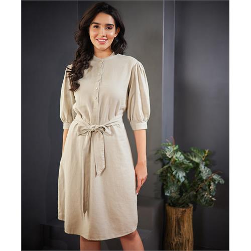 Puffed Sleeve Waist Tie Linen Dress