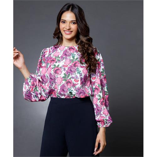 Purple Floral Shirred Cuff Top