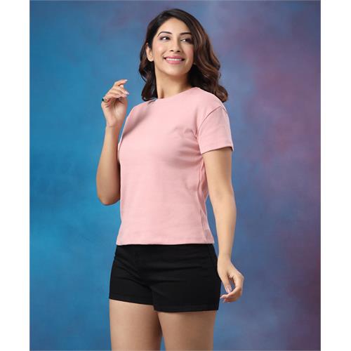 Rib Basic Crew Neck Pink Tshirt