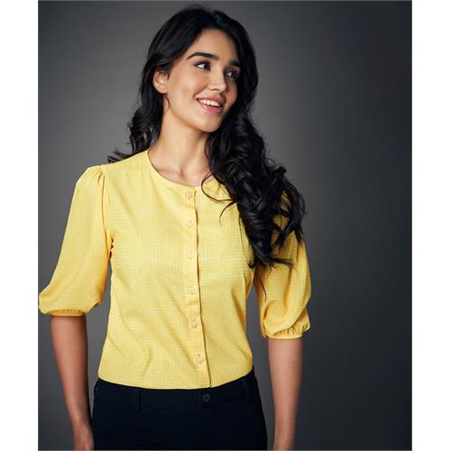 Round Neck Lantern Sleeve Yellow Blouse