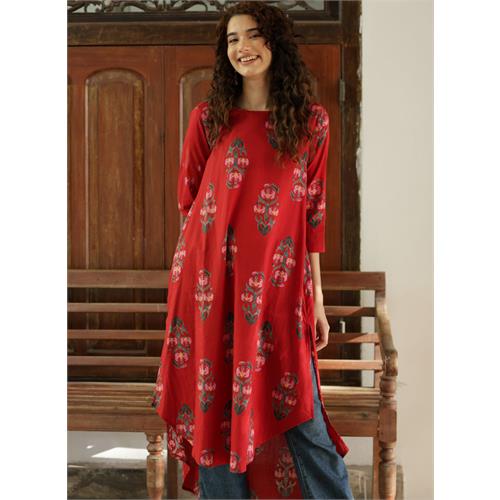 Round Neck Printed Half Sleeve Red Kurtha