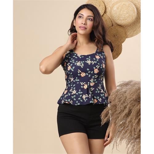 Round Neck Printed Peplum Navy Top