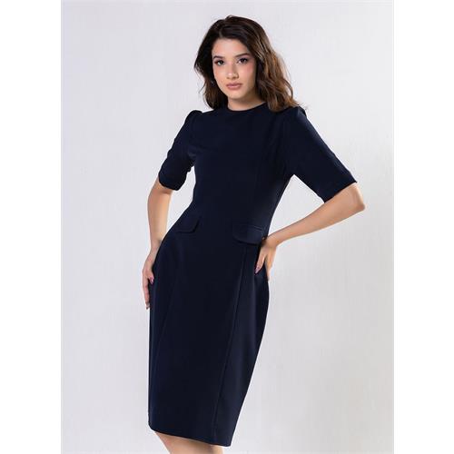 Round Neck Shift Dress With Flaps -Navy Blue