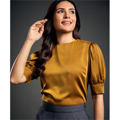 Satin Puffed Sleeve Golden Brown Top