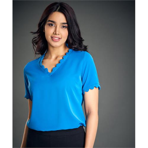 Scalloped Detailed Short Sleeve Blue Top