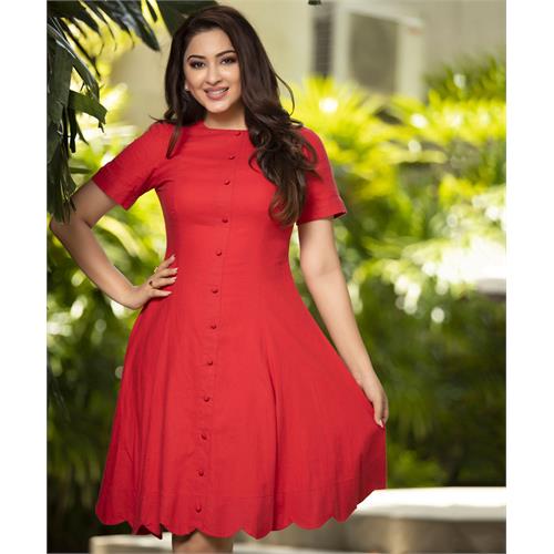 Scalloped Hem Red Linen Dress