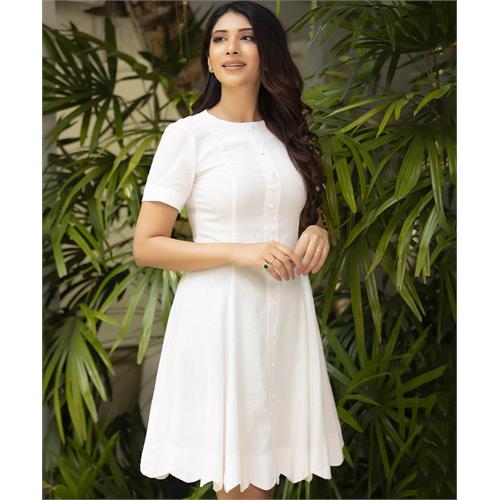 Scalloped Hem White Linen Dress