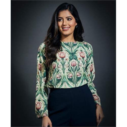 Scoop Neck Long Sleeve Printed Top