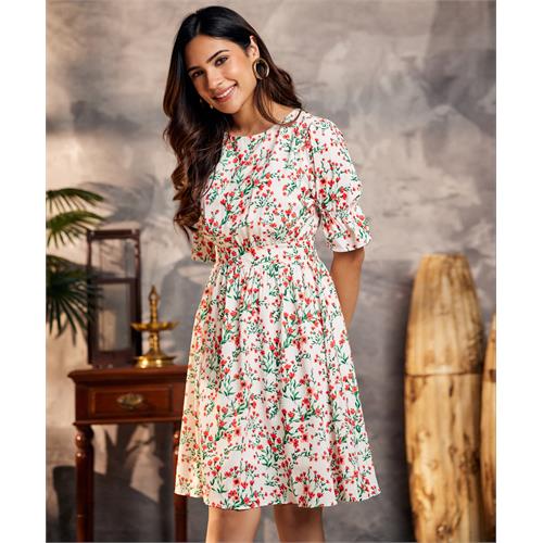 Shirred Floral Print White Dress