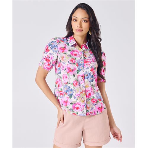 Short Sleeve Classic Collar Pink Printed Top