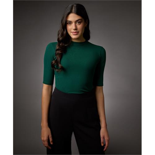 Short Sleeve High Neck Rib Top-Dark Green