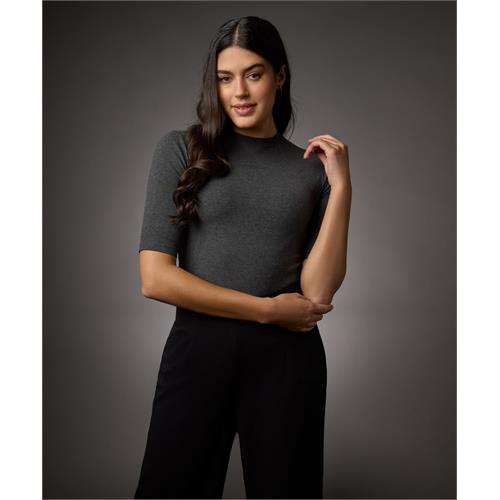 Short Sleeve High Neck Rib Top- Dark Grey