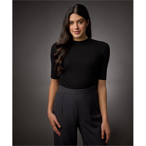 Short Sleeve High Neck Rib Top- Jet Black