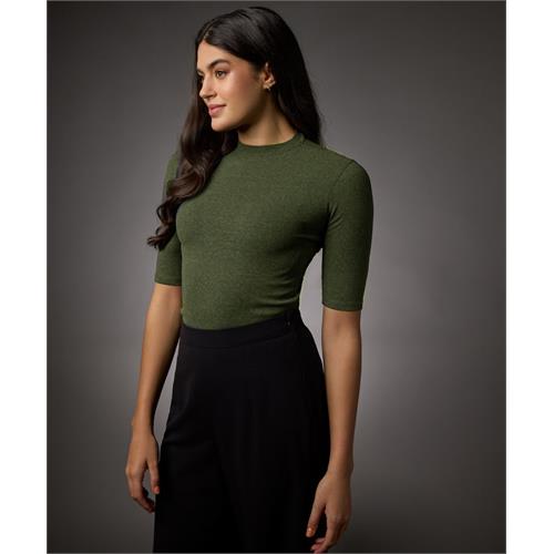 Short Sleeve High Neck Rib Top- Khaki Green