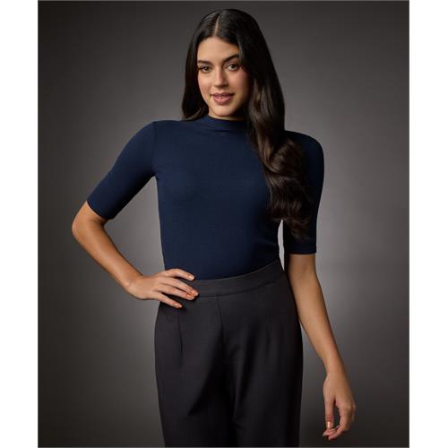 Short Sleeve High Neck Rib Top- Navy Blue