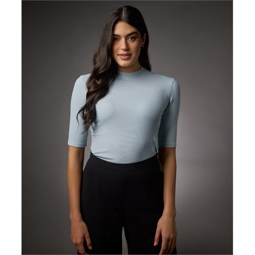 Short Sleeve High Neck Rib Top- Pale Blue