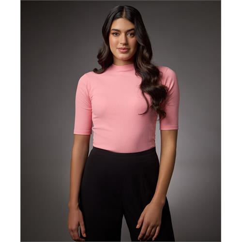 Short Sleeve High Neck Rib Top- Peach Pink