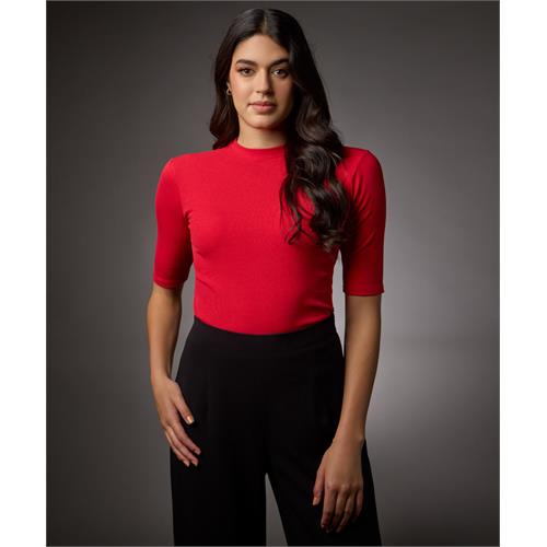 Short Sleeve High Neck Rib Top- Red