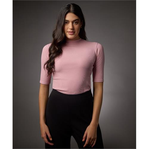 Short Sleeve High Neck Rib Top- Salmon Pink