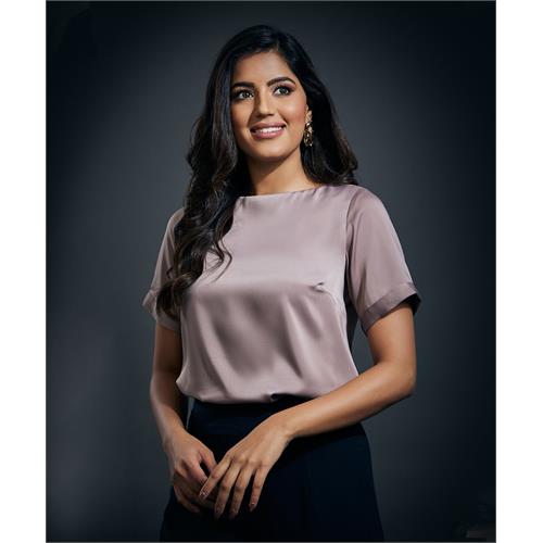 Short Sleeve Satin Solid Top-Brown