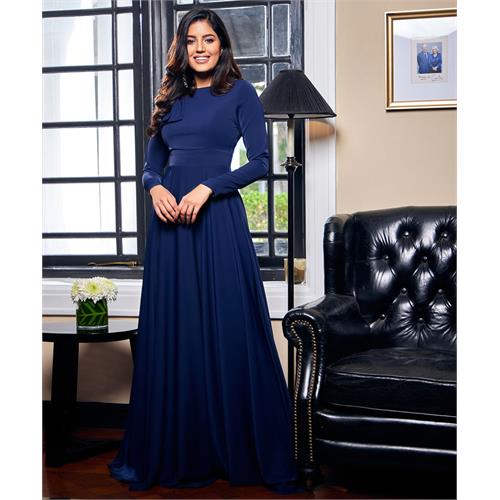 Side Bow Long Sleeve Maxi Blue Dress