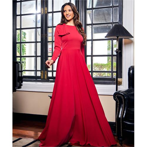 Side Bow Long Sleeve Maxi Maroon Dress