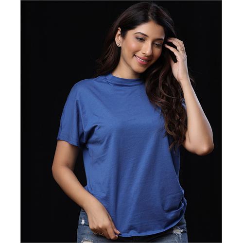 Side Gathered Crew Neck Blue T-shirt