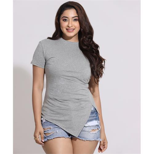 Side Gathered Crew Neck Gray Tshirt