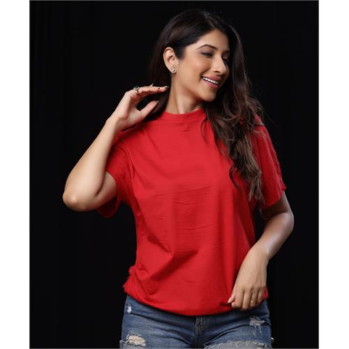 Side Gathered Crew Neck Red T-shirt