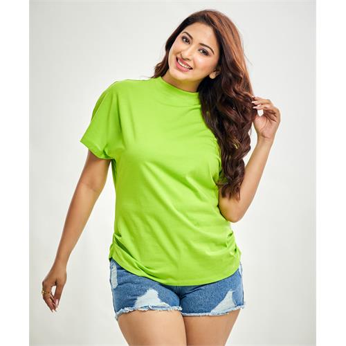 Side Gathered Crew Neck Tshirt- Electic Green