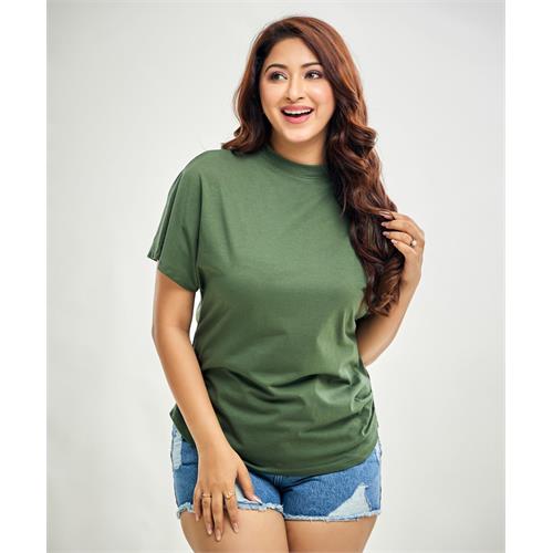 Side Gathered Crew Neck Tshirt- Khaki Green