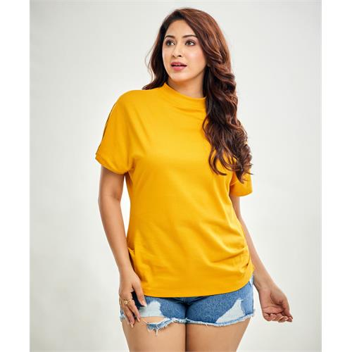 Side Gathered Crew Neck Tshirt- Mustard