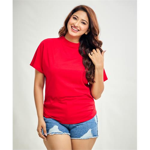 Side Gathered Crew Neck Tshirt - Red