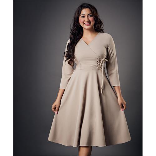 Side Looped Skater Beige Dress