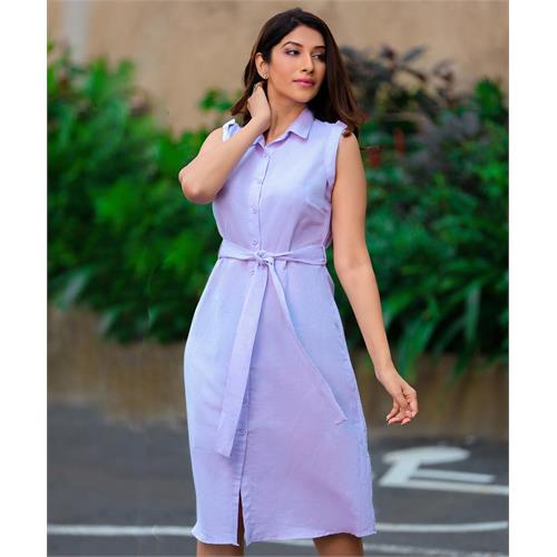 Simple Waist Tie Front Buttoned Dress