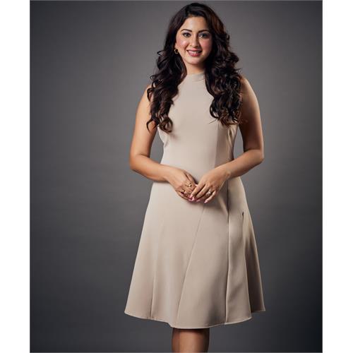 Slanted Panel Skater Beige Dress