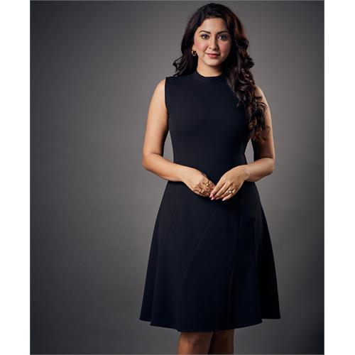 Slanted Panel Skater Black Dress