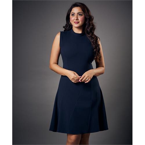 Slanted Panel Skater Navy Blue Dress