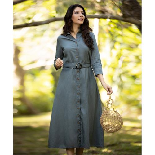 Slate Grey Elegant Buttoned Shirt Linen Dress