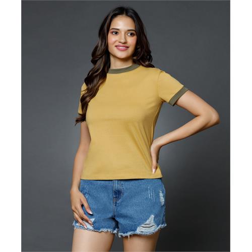Sleeve Cuff And Neck Rib Khaki Basic Crew Neck Tshirt