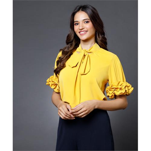Sleeve Detailed Neck Tie Yellow Top