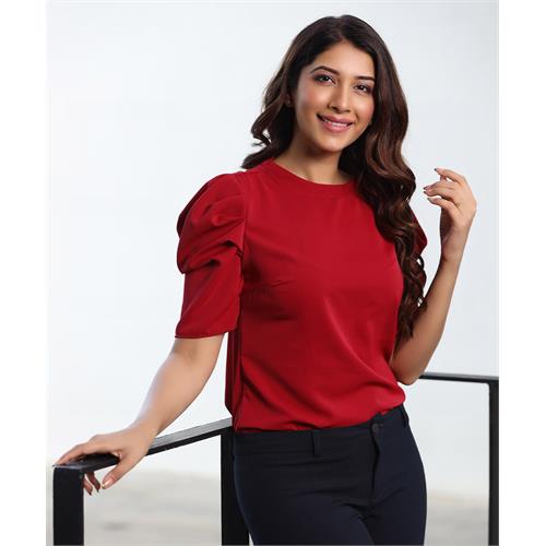 Sleeve Detailed Round Neck Maroon Top