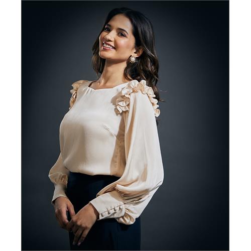 Sleeve Detailed Shoulder Frilled Long Sleeve Top-Beige