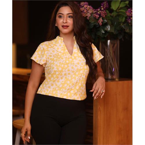 Sleeve Flared Front Vneck Yellow Blouse